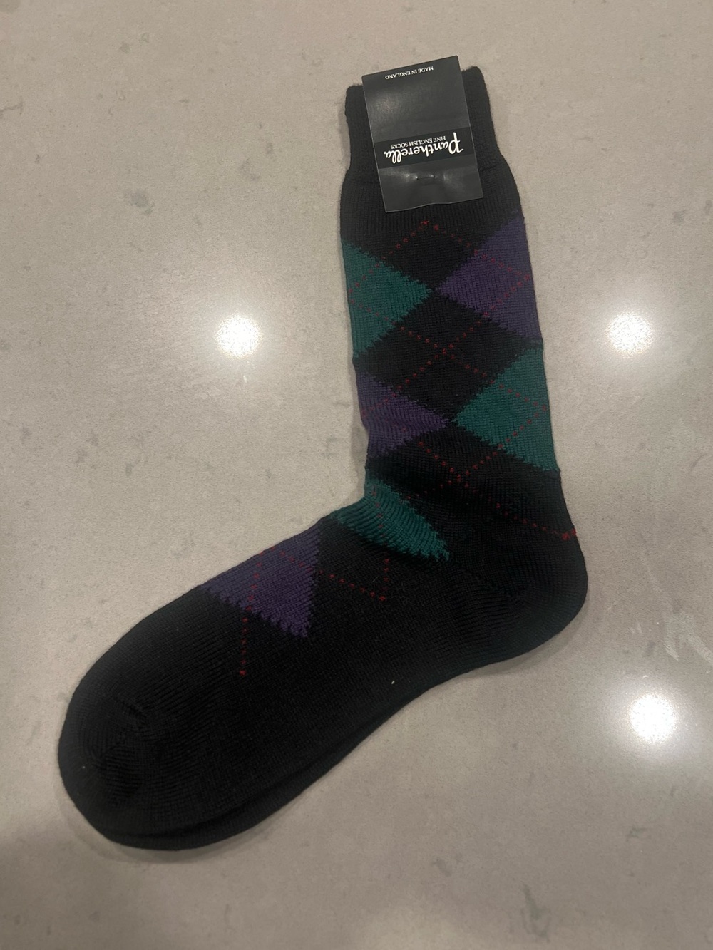 New Pantherella Black Argyle Socks with Green & Purple Diamonds